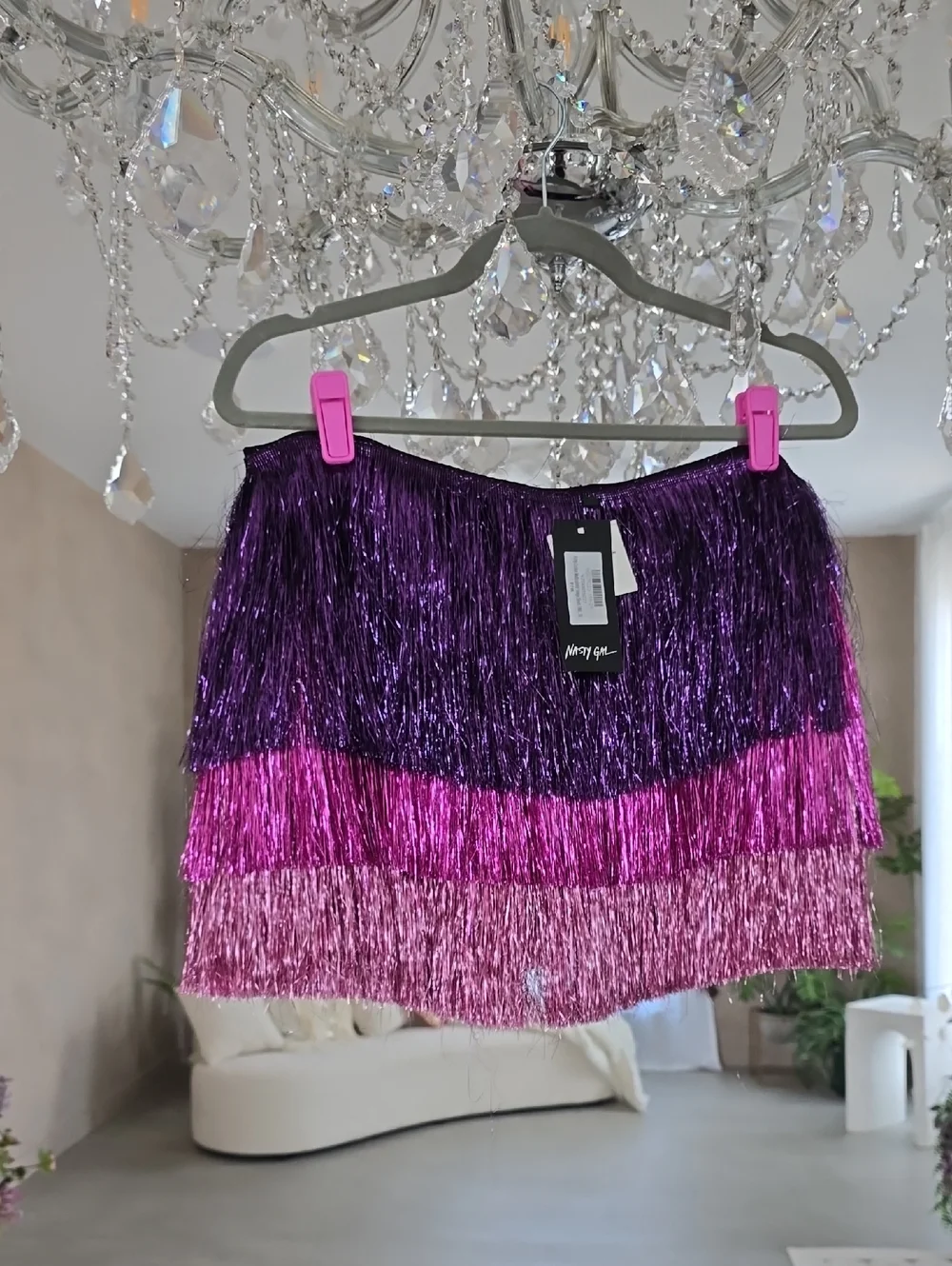 Nasty Gal Tiered Fringe Mini Skirt - Purple & Pink - Picture 1 of 4